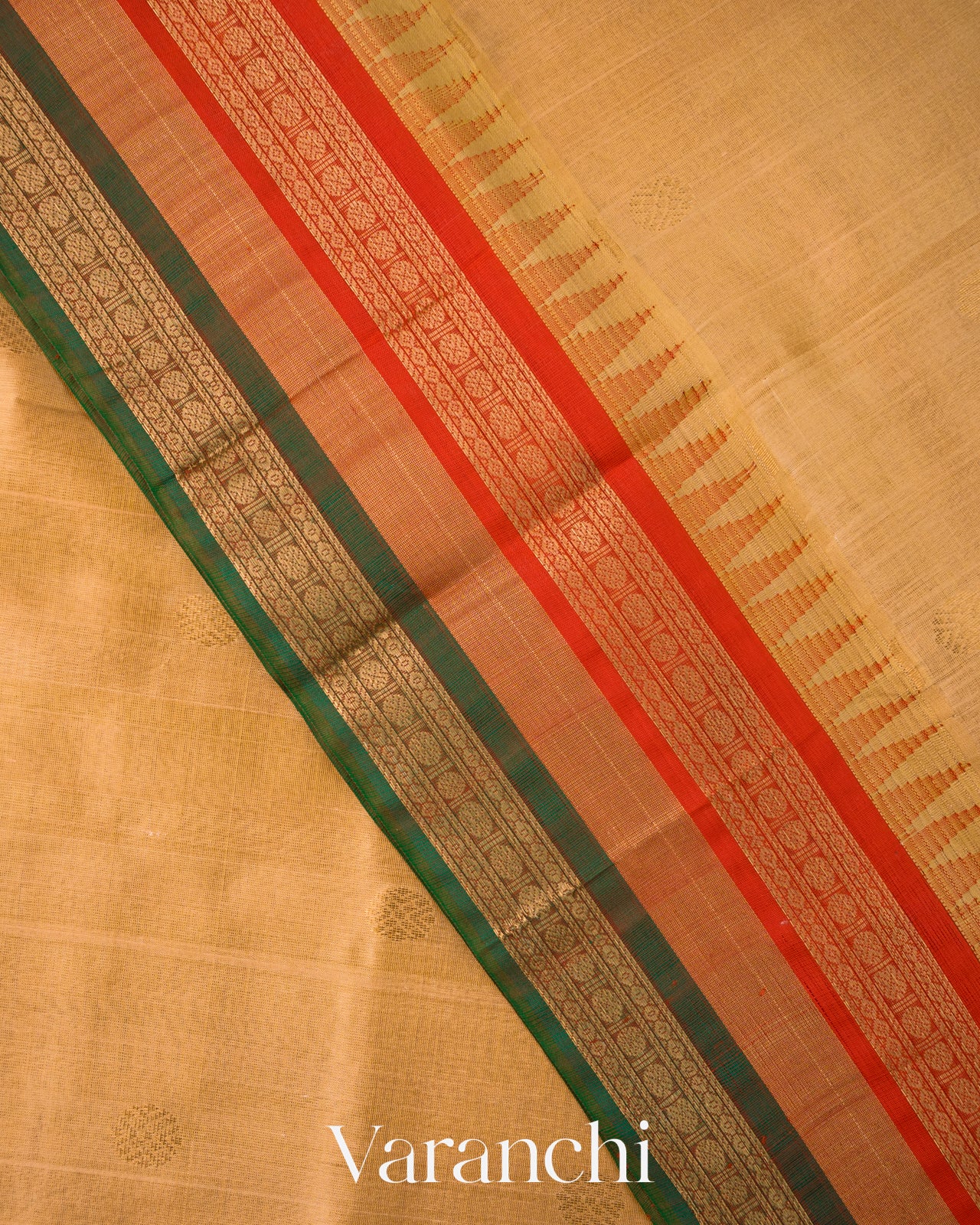 Beige Pure Kanchipuram Silk Cotton Handloom Saree