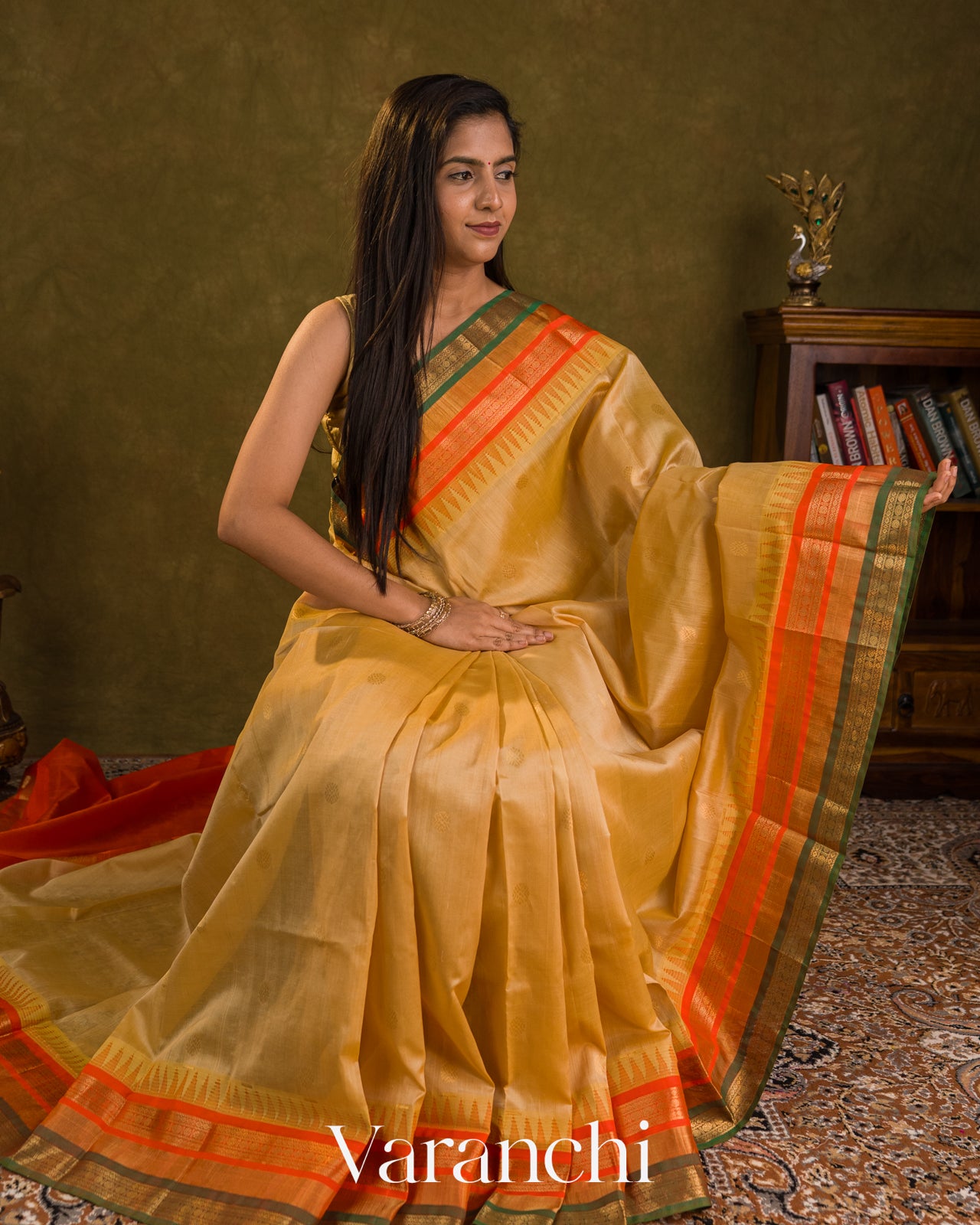 Beige Pure Kanchipuram Silk Cotton Handloom Saree