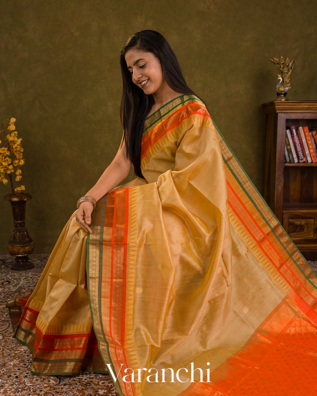 Beige Pure Kanchipuram Silk Cotton Handloom Saree