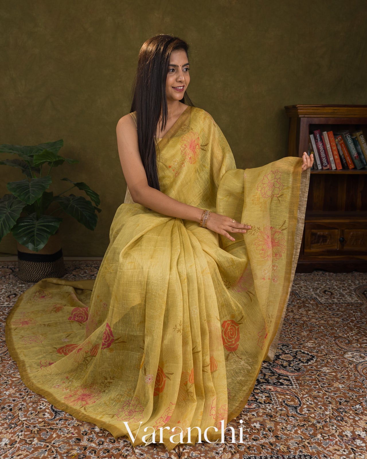 Mustard Yellow Floral Digital Print Pure Silk Linen Handloom Saree
