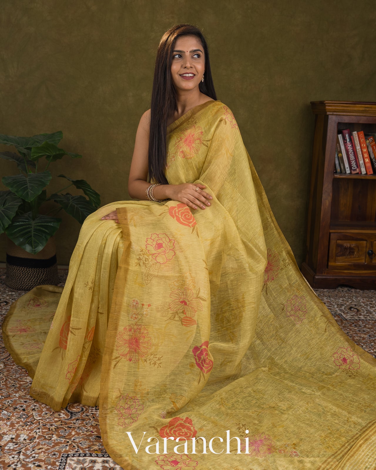 Mustard Yellow Floral Digital Print Pure Silk Linen Handloom Saree
