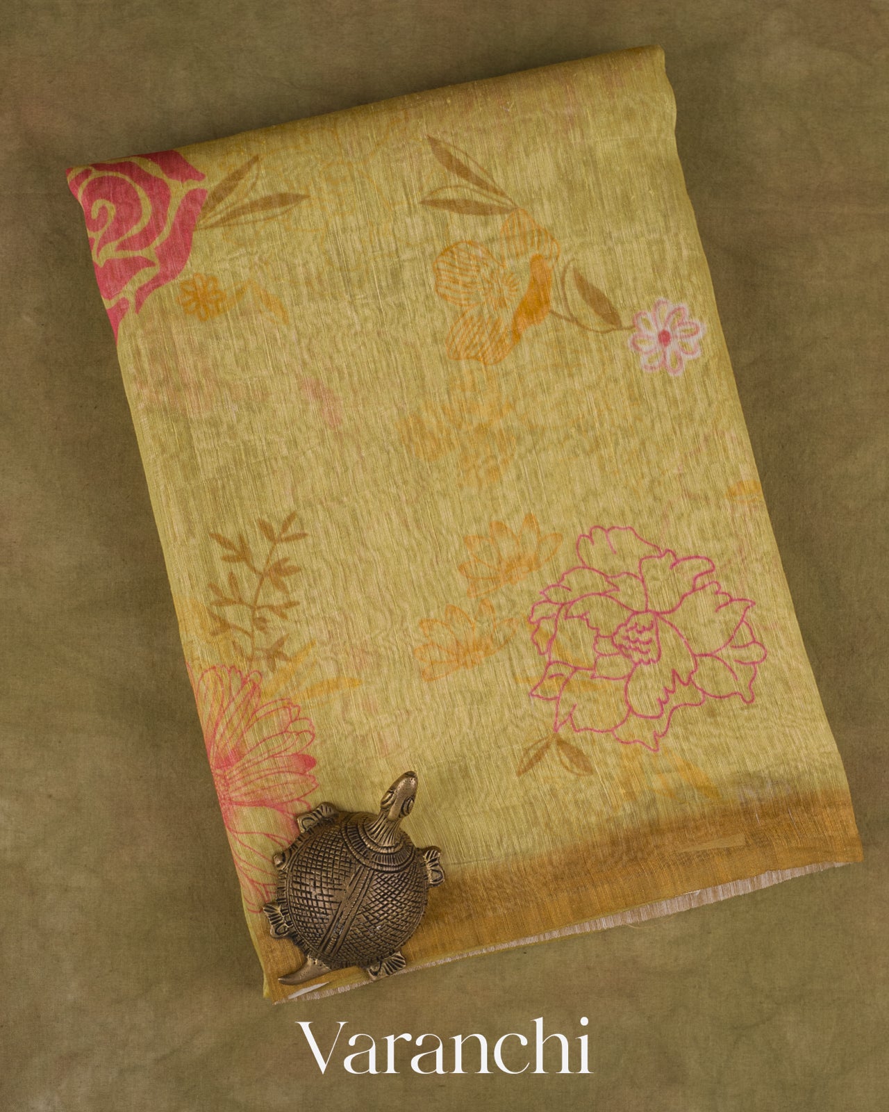 Mustard Yellow Floral Digital Print Pure Silk Linen Handloom Saree