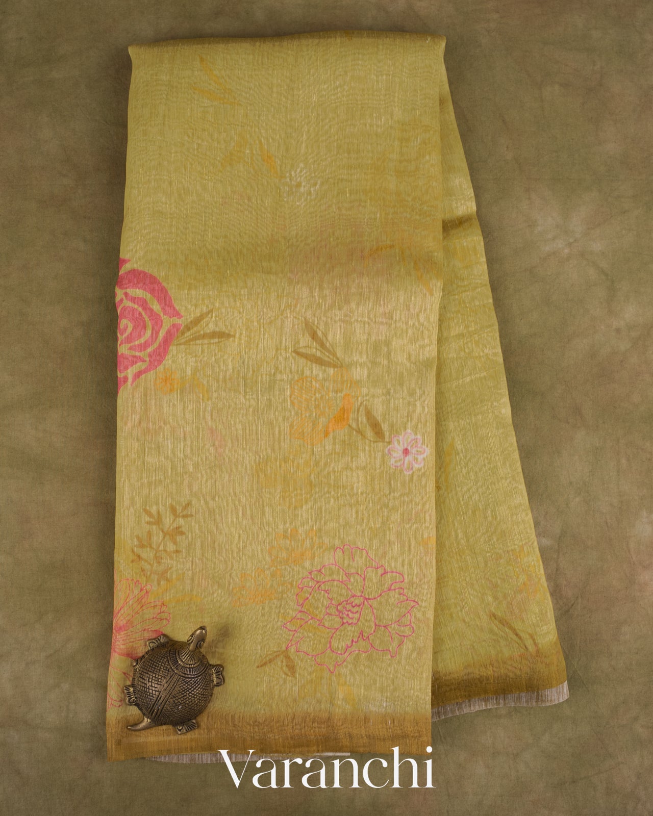 Mustard Yellow Floral Digital Print Pure Silk Linen Handloom Saree