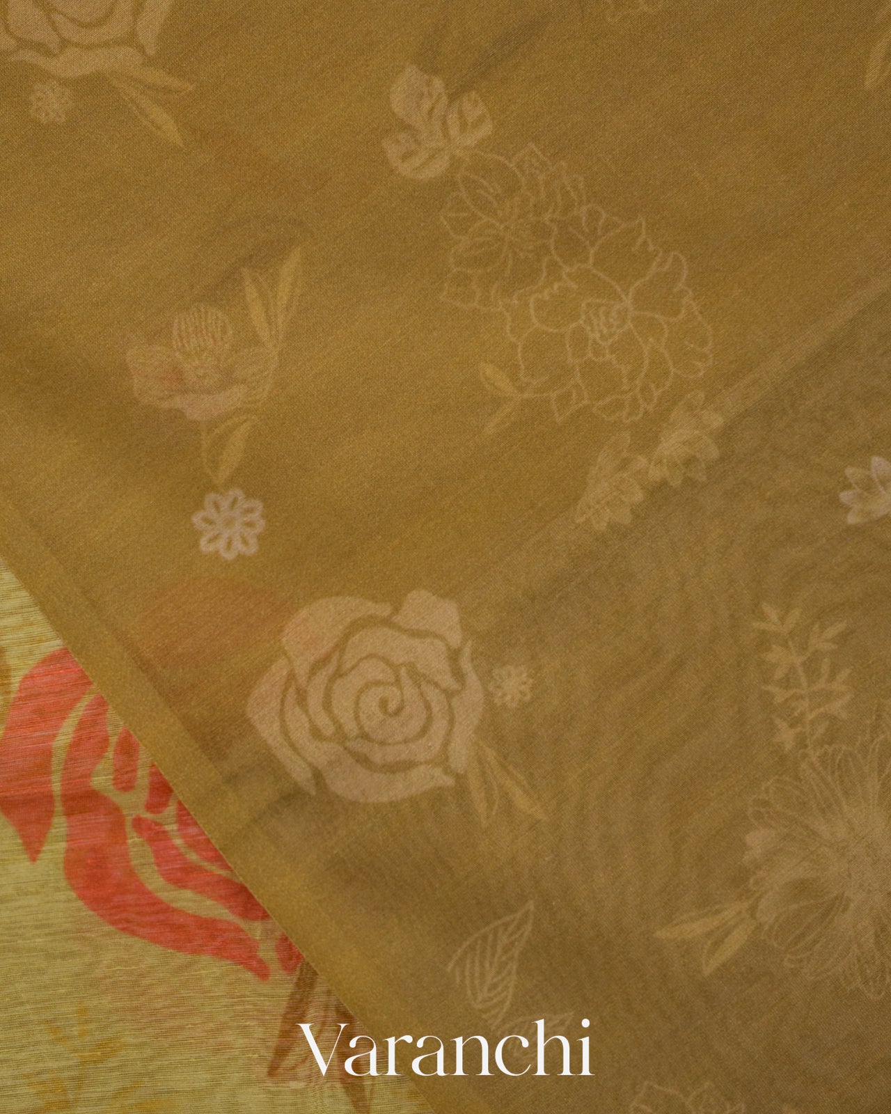 Mustard Yellow Floral Digital Print Pure Silk Linen Handloom Saree