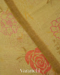 Mustard Yellow Floral Digital Print Pure Silk Linen Handloom Saree