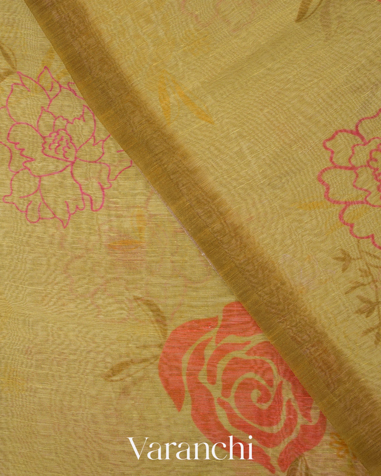 Mustard Yellow Floral Digital Print Pure Silk Linen Handloom Saree