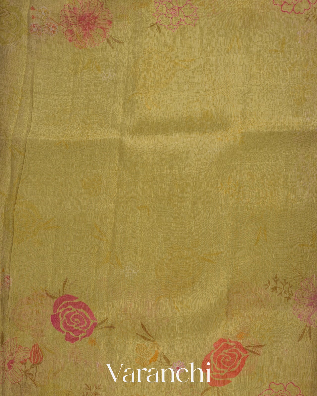 Mustard Yellow Floral Digital Print Pure Silk Linen Handloom Saree