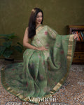 Mint Green Floral Digital Printed Pure Kora Silk Saree