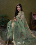 Mint Green Floral Digital Printed Pure Kora Silk Saree