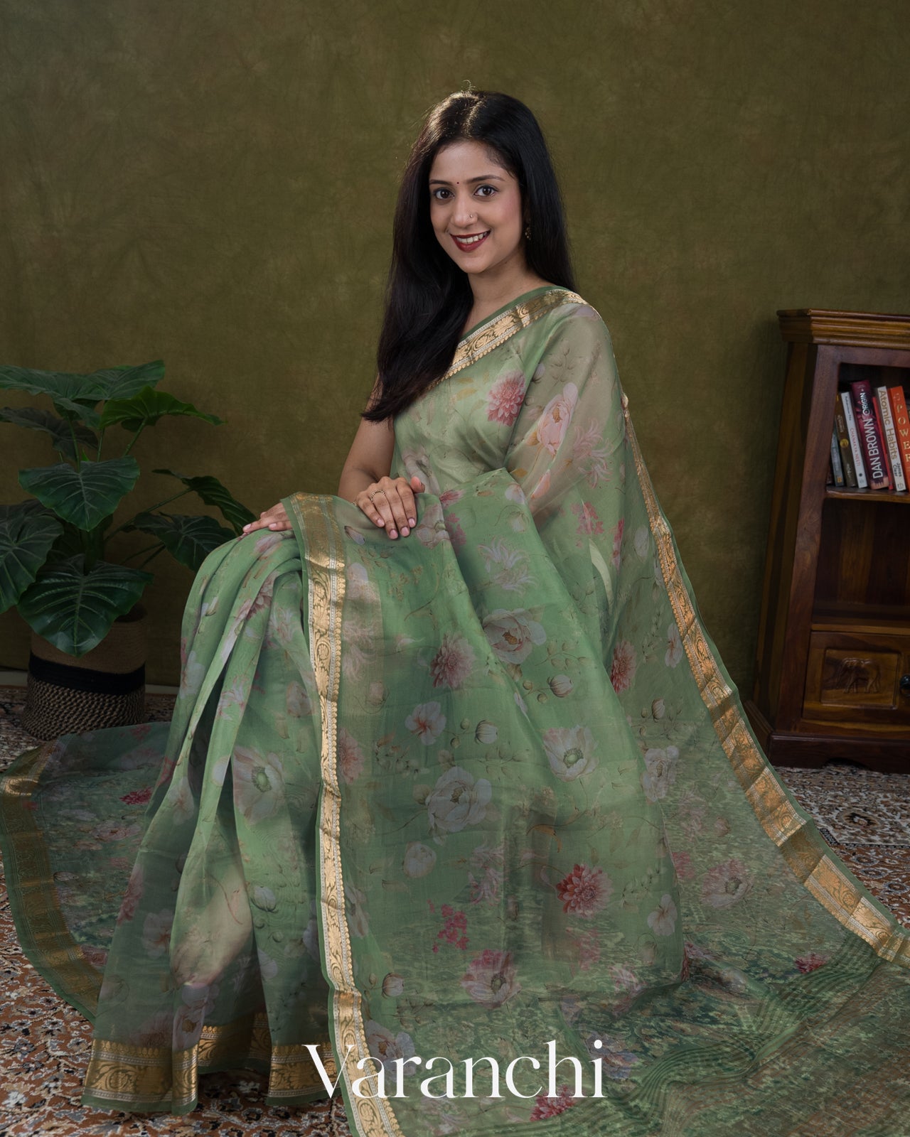 Mint Green Floral Digital Printed Pure Kora Silk Saree