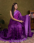 Purple Checked Pure Kora Silk Handloom Saree