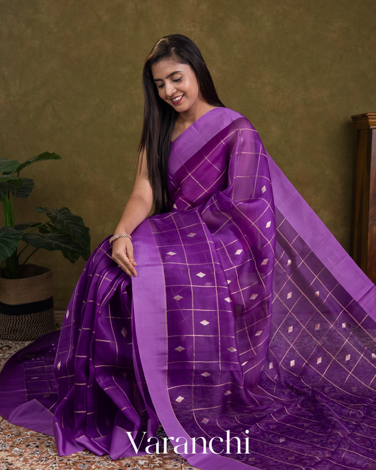 Purple Checked Pure Kora Silk Handloom Saree