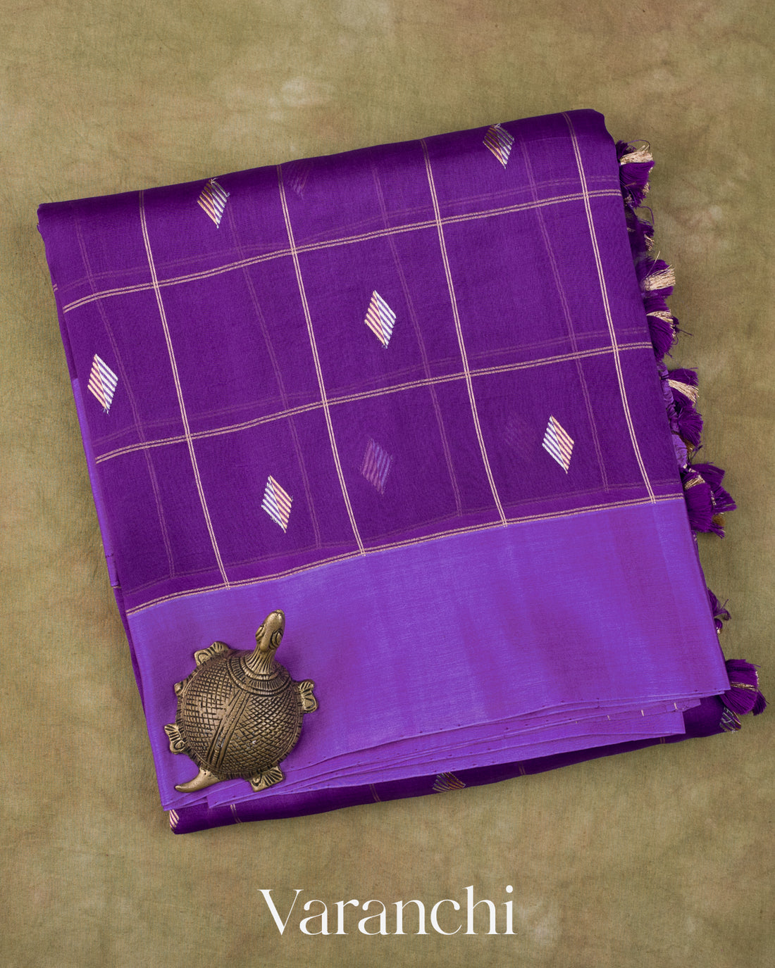 Purple Checked Pure Kora Silk Handloom Saree