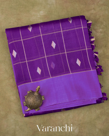 Purple Checked Pure Kora Silk Handloom Saree