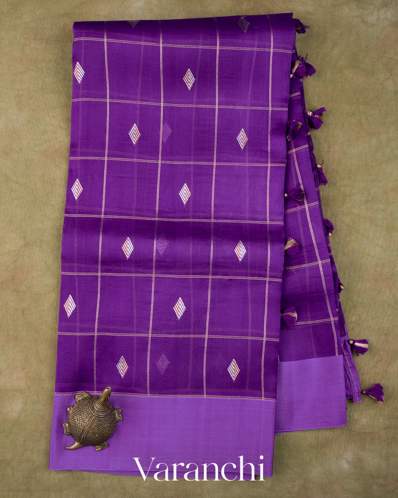 Purple Checked Pure Kora Silk Handloom Saree