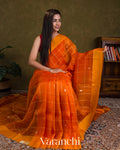 Rust Orange Checked Pure Kora Silk Handloom Saree