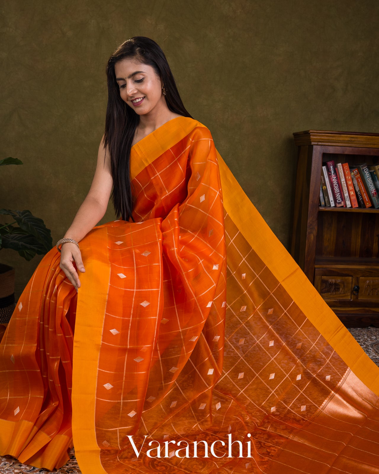 Rust Orange Checked Pure Kora Silk Handloom Saree