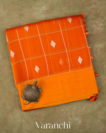 Rust Orange Checked Pure Kora Silk Handloom Saree