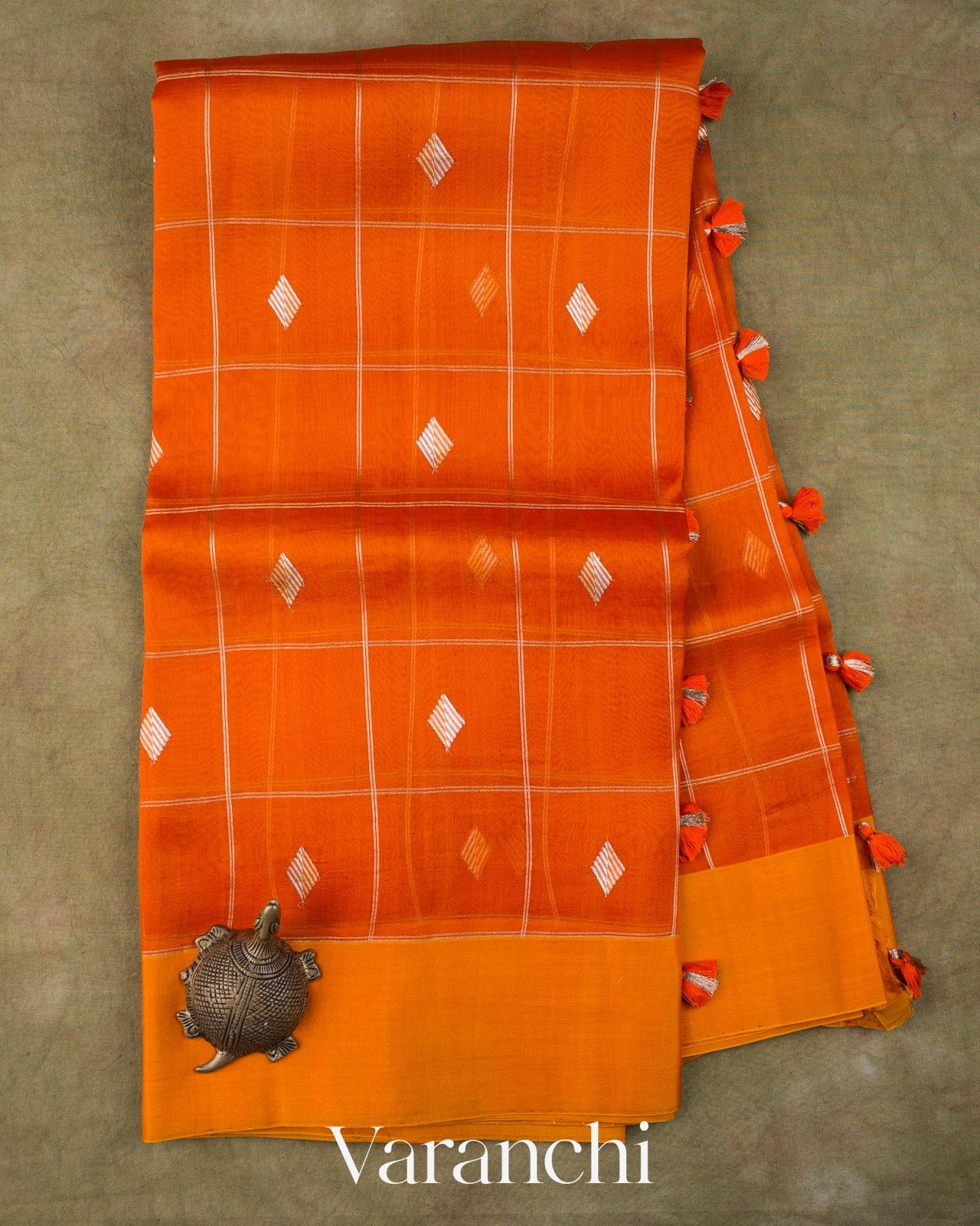 Rust Orange Checked Pure Kora Silk Handloom Saree