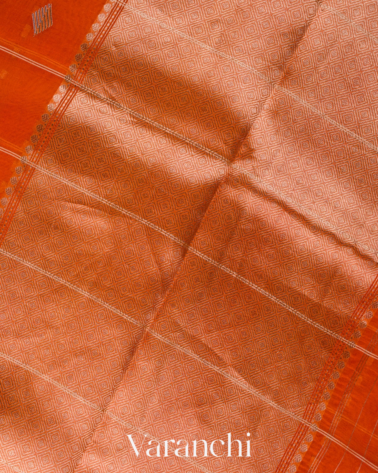 Rust Orange Checked Pure Kora Silk Handloom Saree