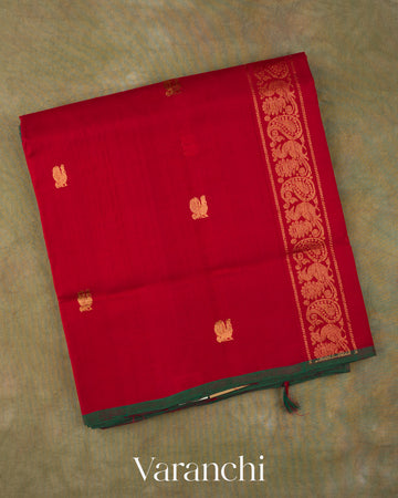 Crimson Red Pure Kanchipuram Silk Cotton Handloom Saree