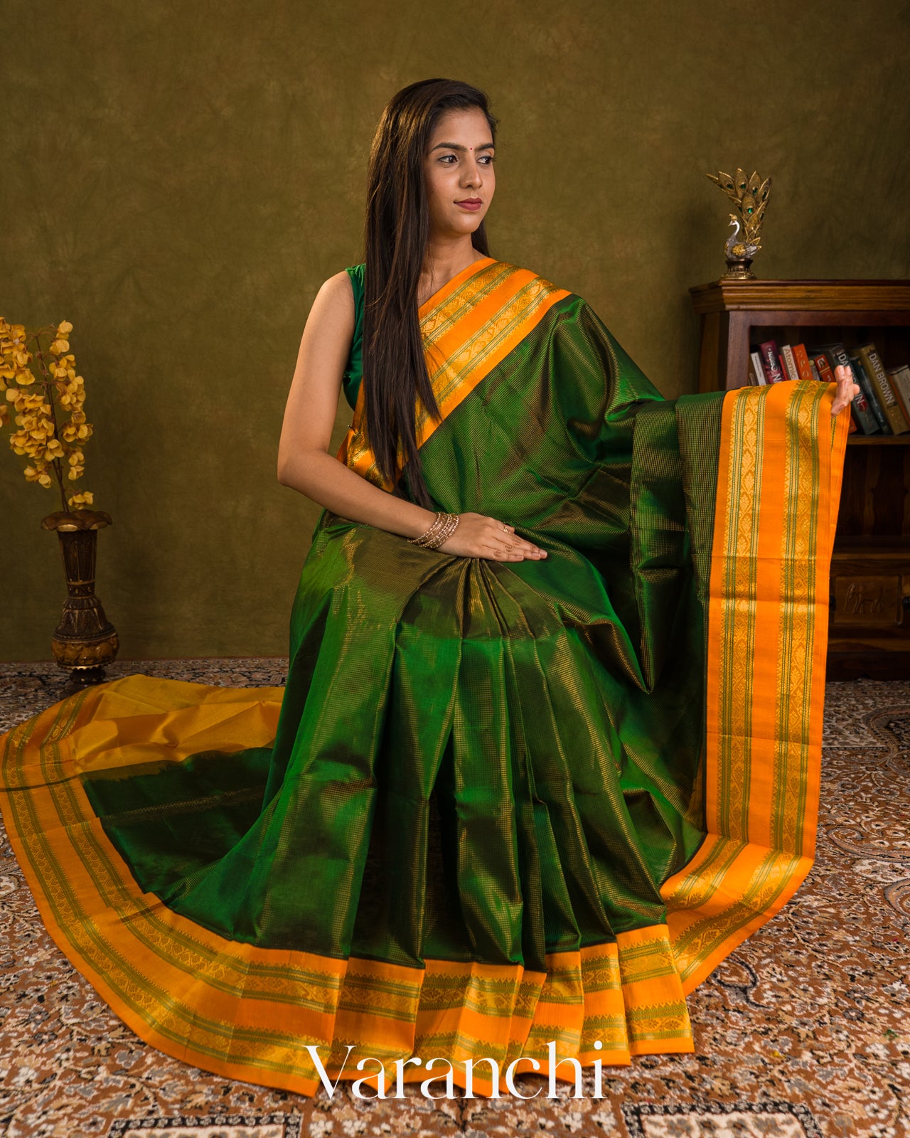 Bottle Green Striped Pure Kanchipuram Silk Cotton Handloom Saree