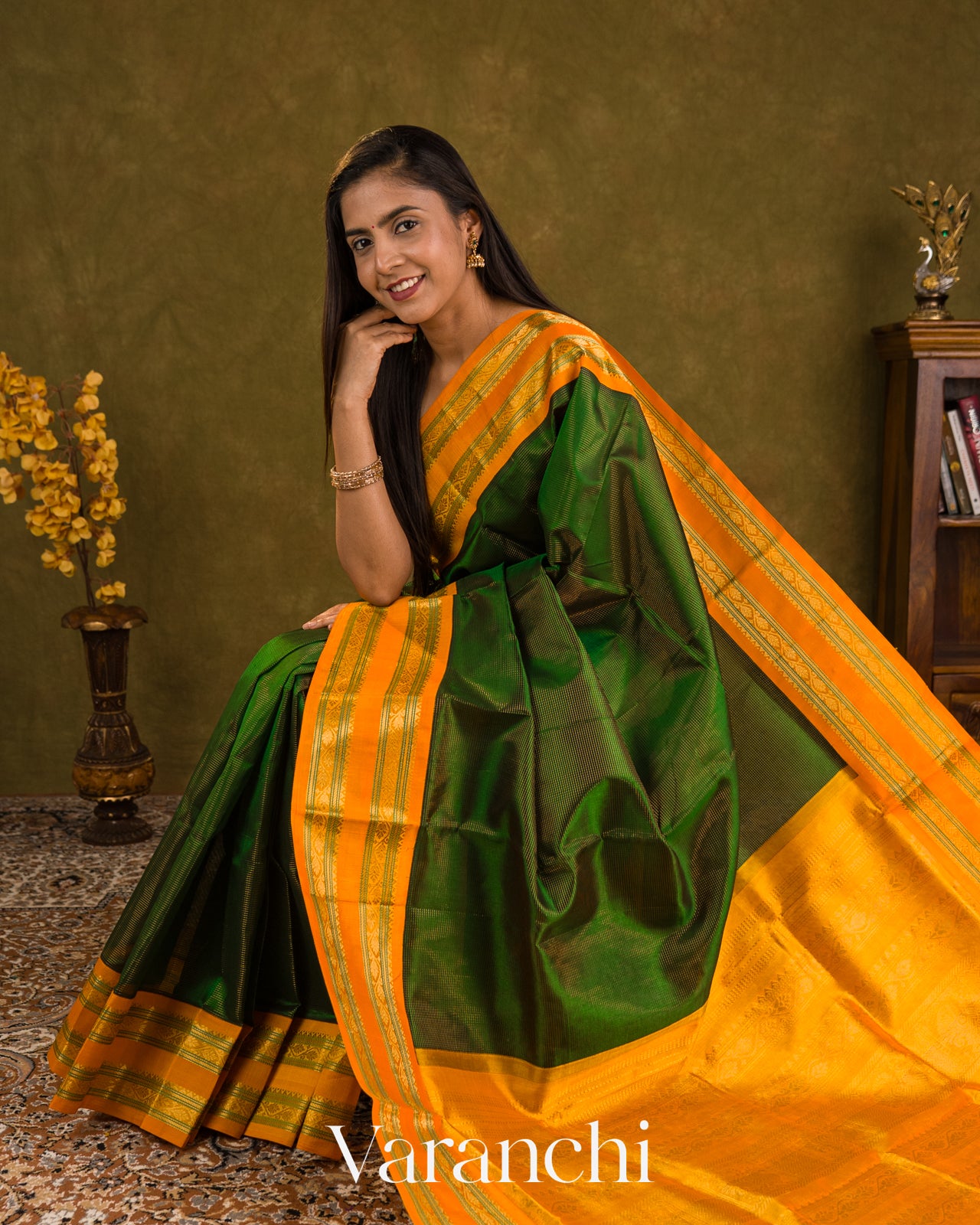 Bottle Green Striped Pure Kanchipuram Silk Cotton Handloom Saree