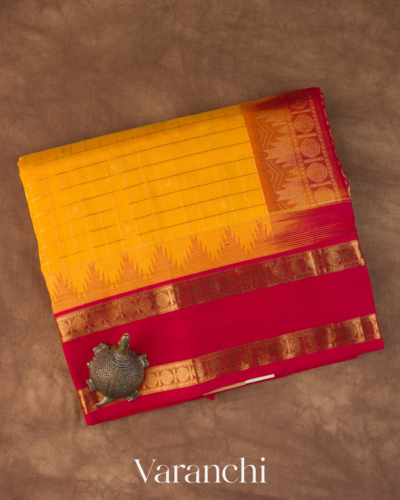 Mustard Yellow Checks Pure Kanchipuram Silk Cotton Handloom Saree