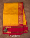 Mustard Yellow Checks Pure Kanchipuram Silk Cotton Handloom Saree