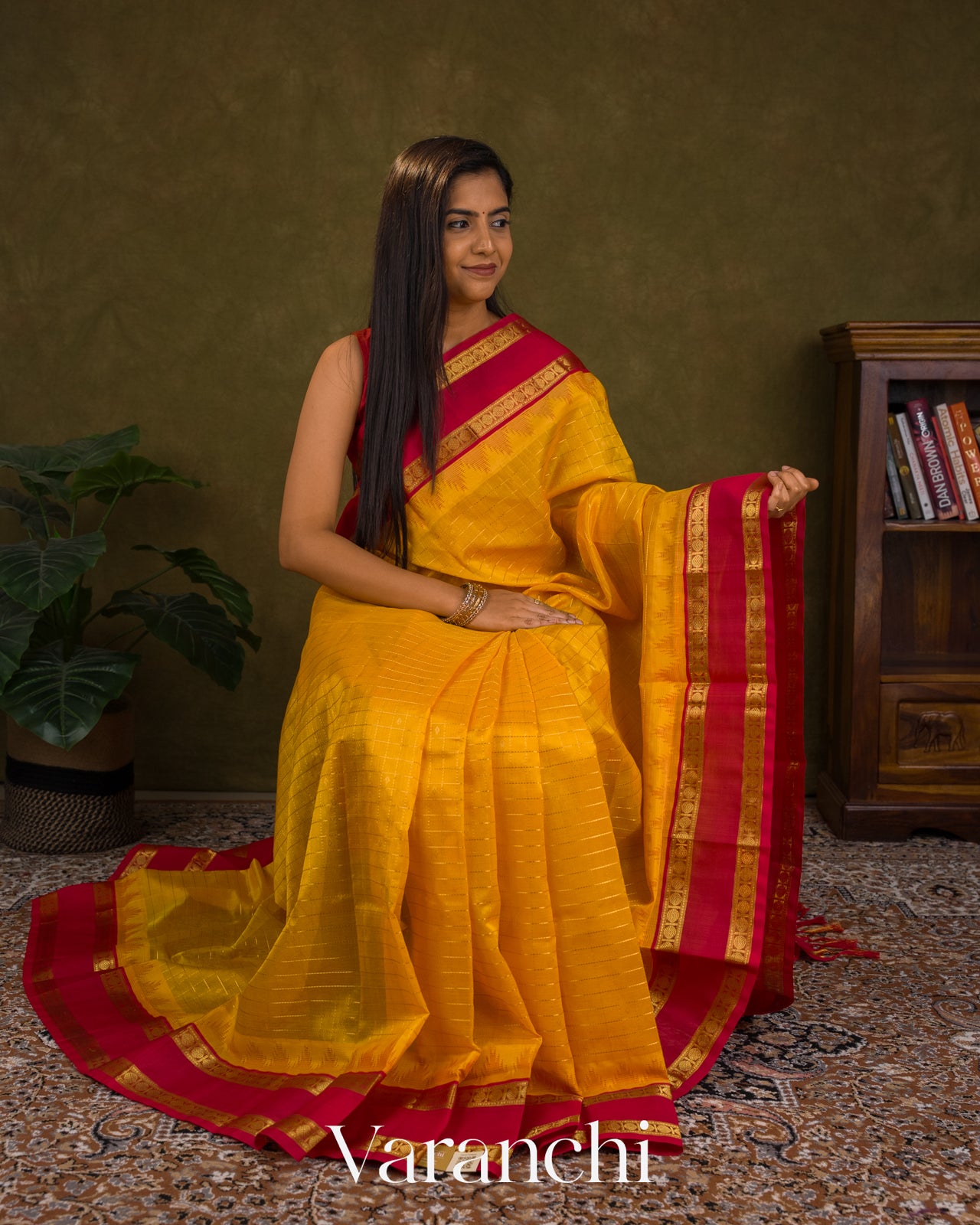 Mustard Yellow Checks Pure Kanchipuram Silk Cotton Handloom Saree
