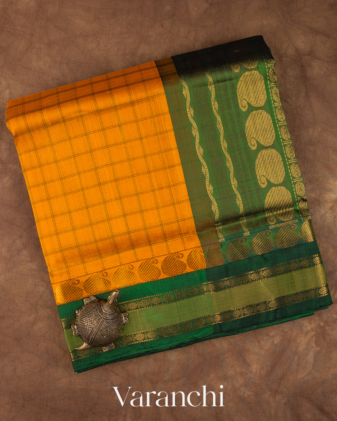 Mango Yellow Checkered Pure Kanchipuram Silk Cotton Handloom Saree
