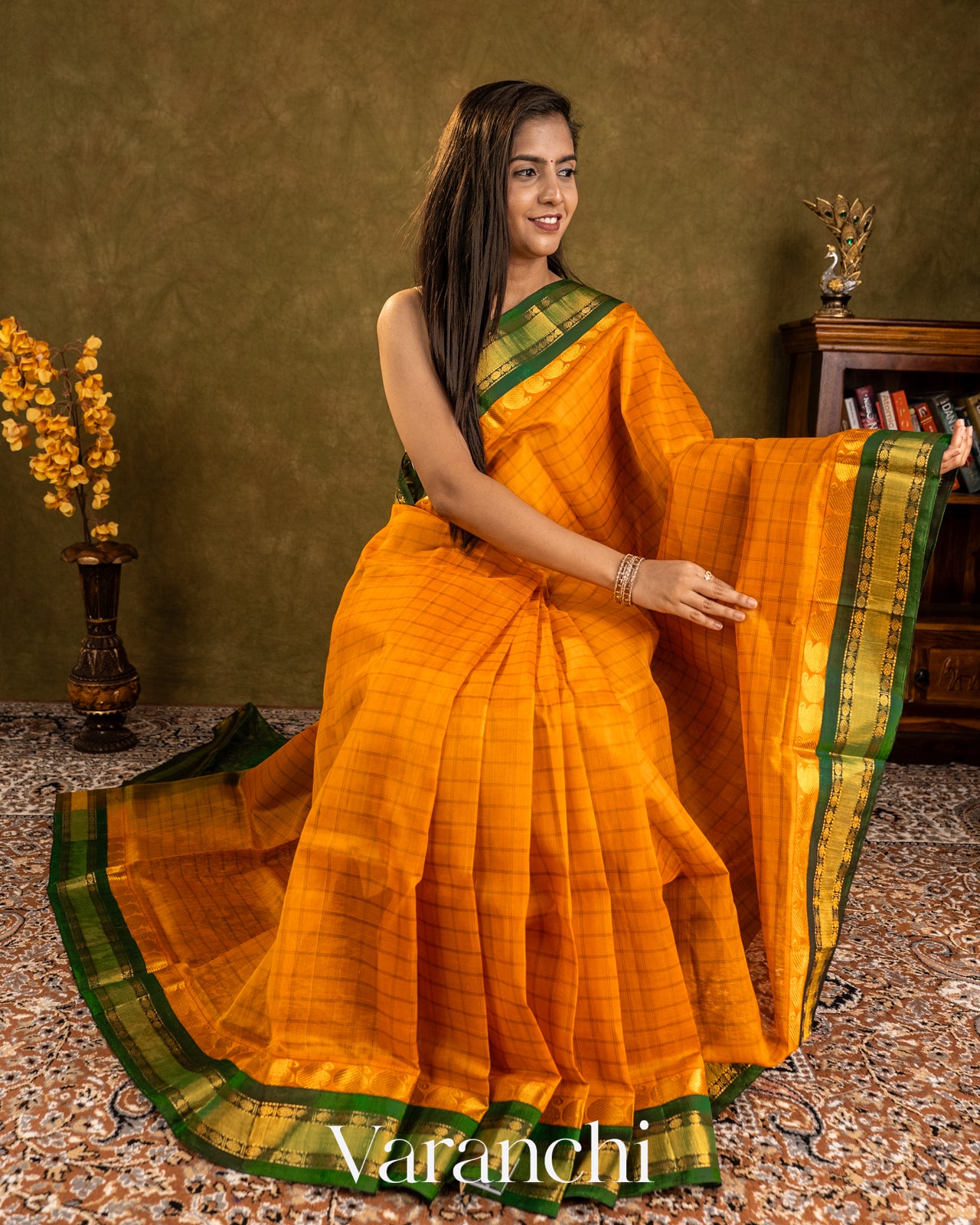 Mango Yellow Checkered Pure Kanchipuram Silk Cotton Handloom Saree