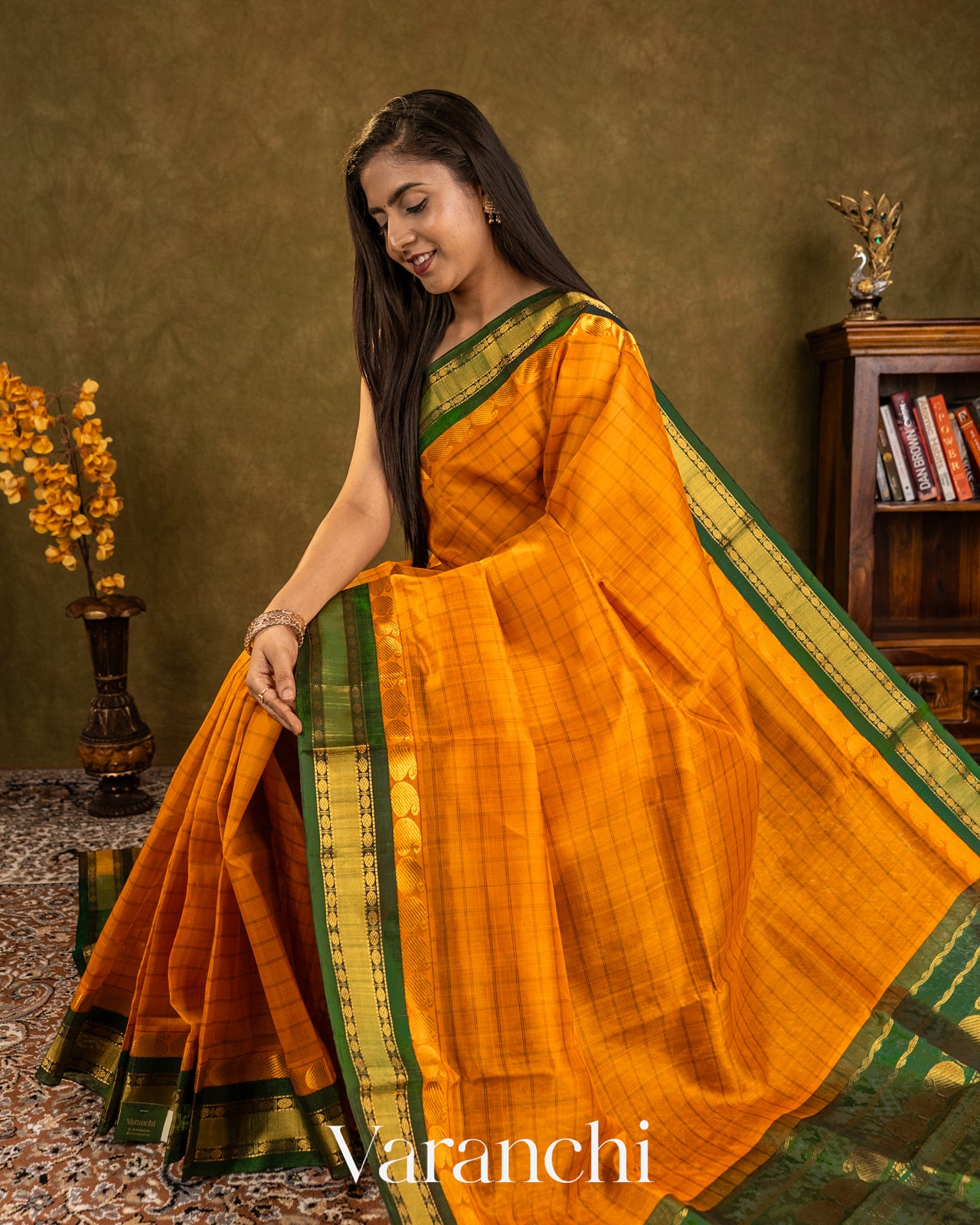 Mango Yellow Checkered Pure Kanchipuram Silk Cotton Handloom Saree
