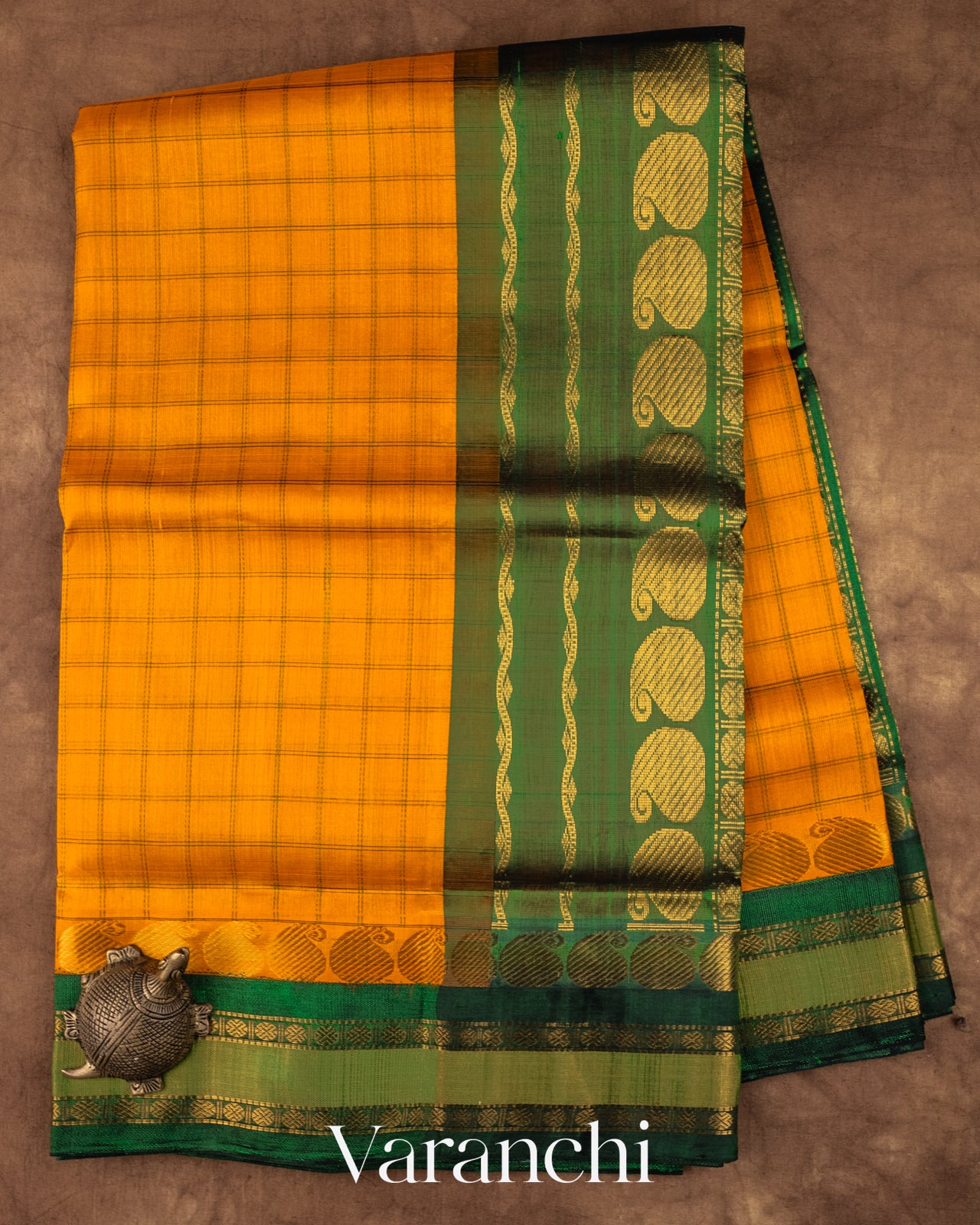 Mango Yellow Checkered Pure Kanchipuram Silk Cotton Handloom Saree