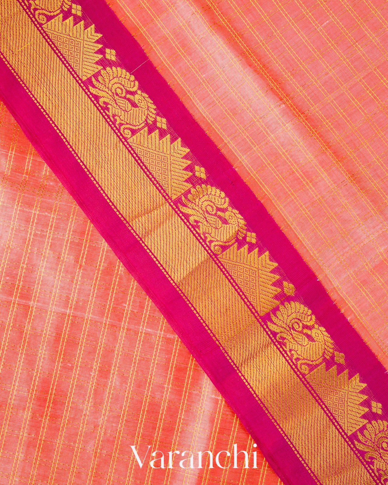 Peach Check Pure Kanchipuram Silk Cotton Handloom Saree