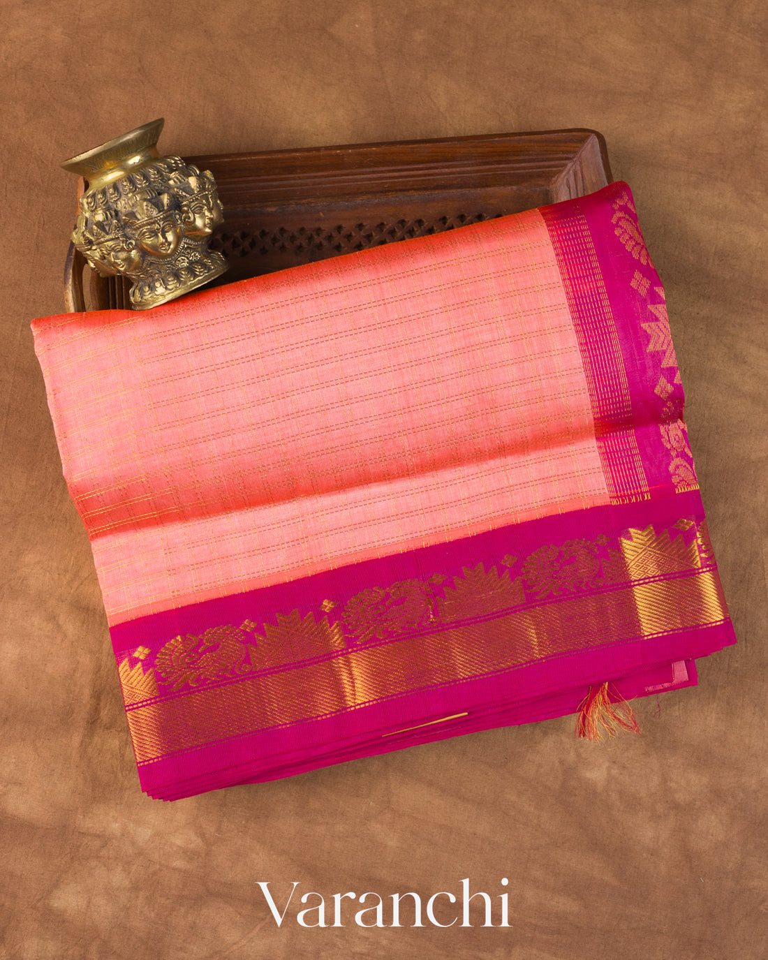 Peach Check Pure Kanchipuram Silk Cotton Handloom Saree