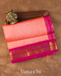 Peach Check Pure Kanchipuram Silk Cotton Handloom Saree