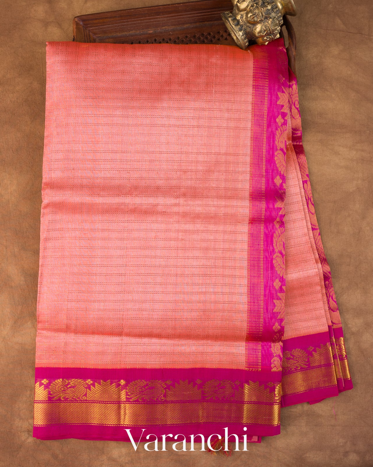 Peach Check Pure Kanchipuram Silk Cotton Handloom Saree