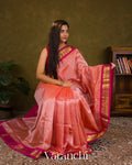 Peach Check Pure Kanchipuram Silk Cotton Handloom Saree