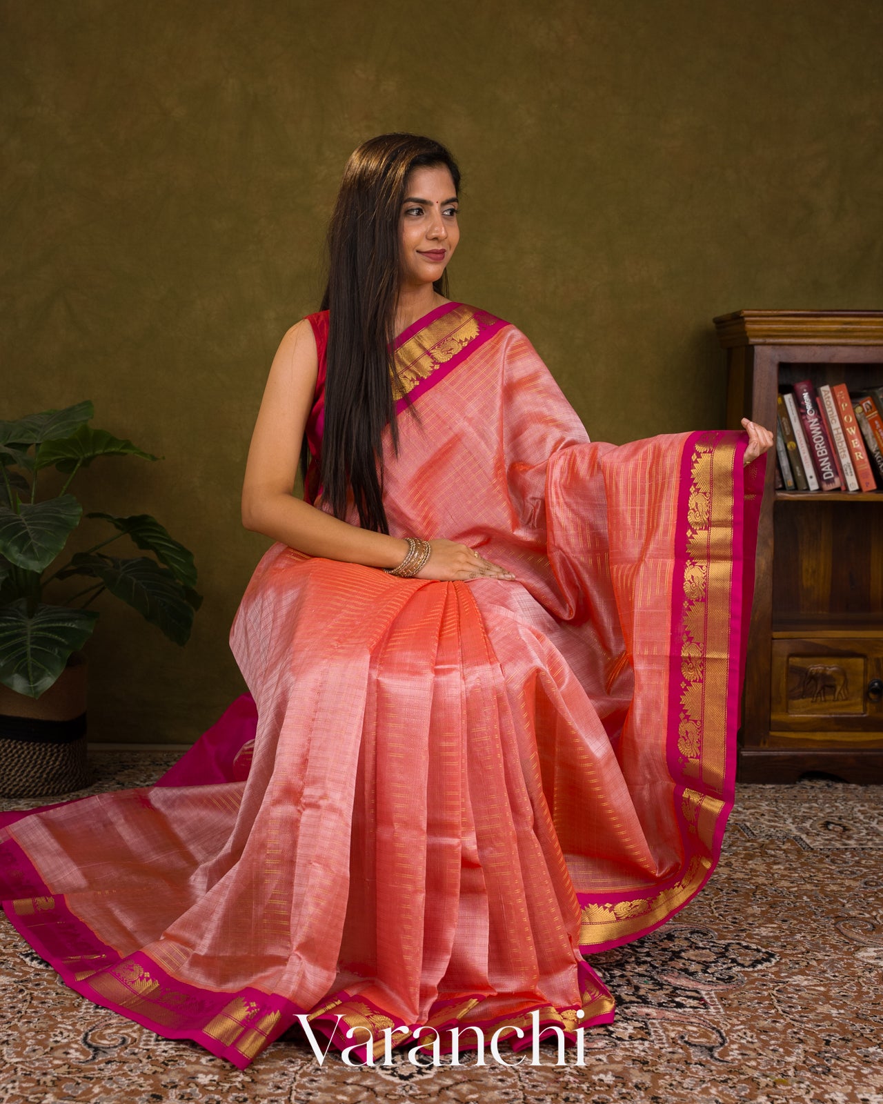 Peach Check Pure Kanchipuram Silk Cotton Handloom Saree