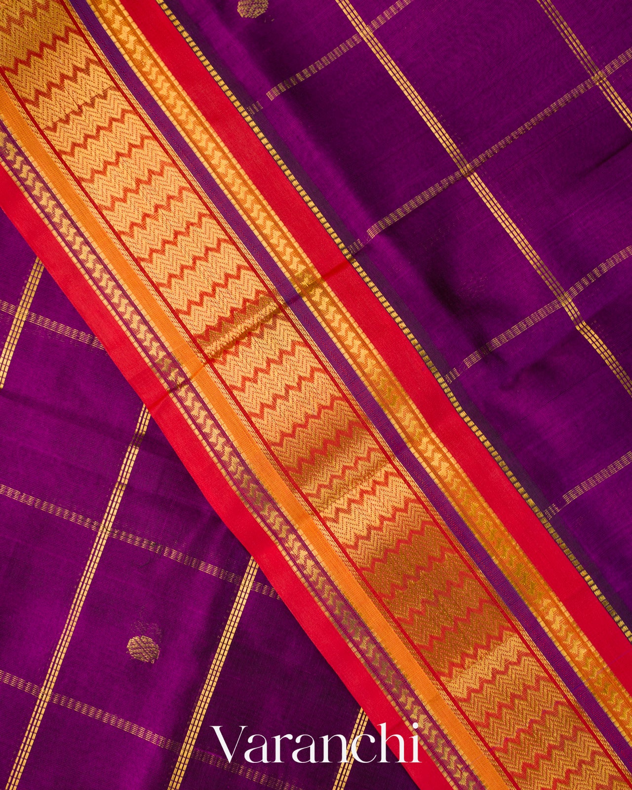 Purple Checks Pure Kanchipuram Silk Cotton Handloom Saree