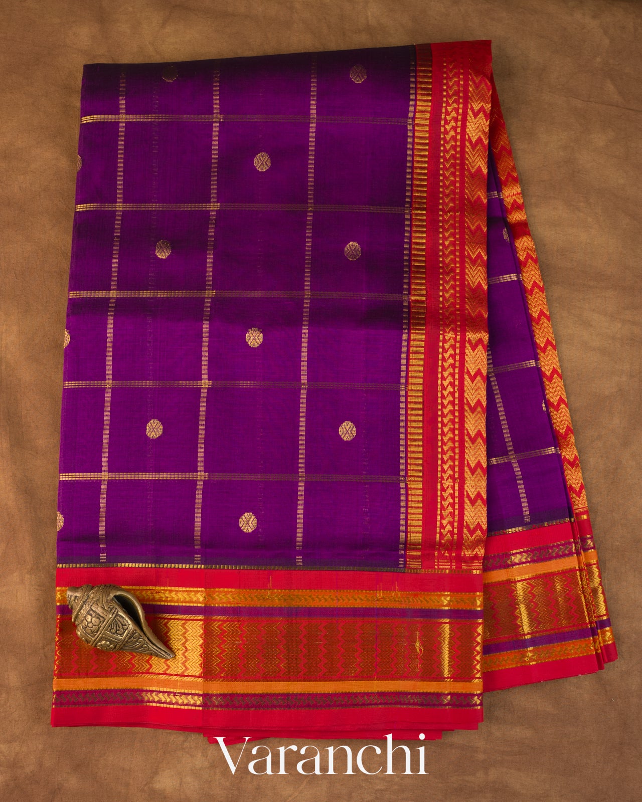 Purple Checks Pure Kanchipuram Silk Cotton Handloom Saree