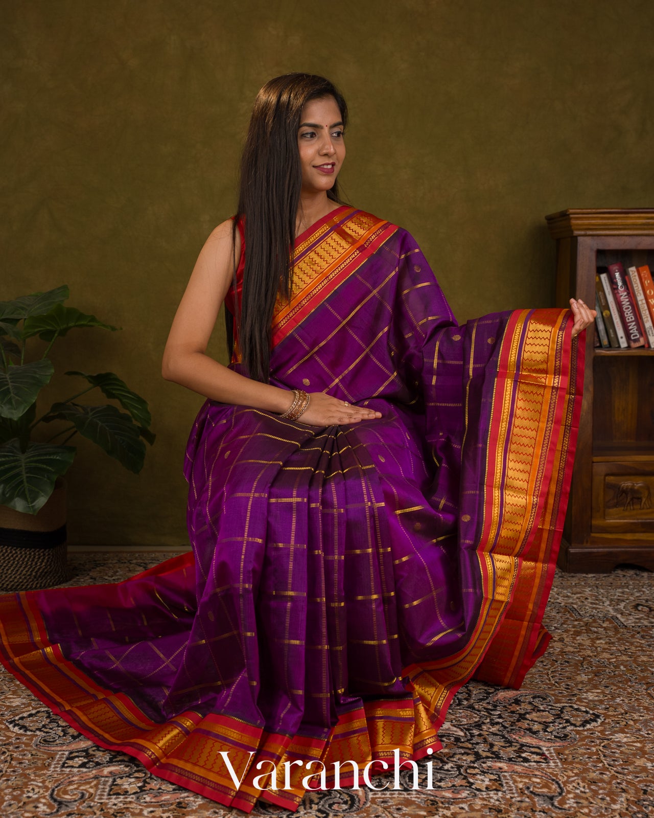 Purple Checks Pure Kanchipuram Silk Cotton Handloom Saree