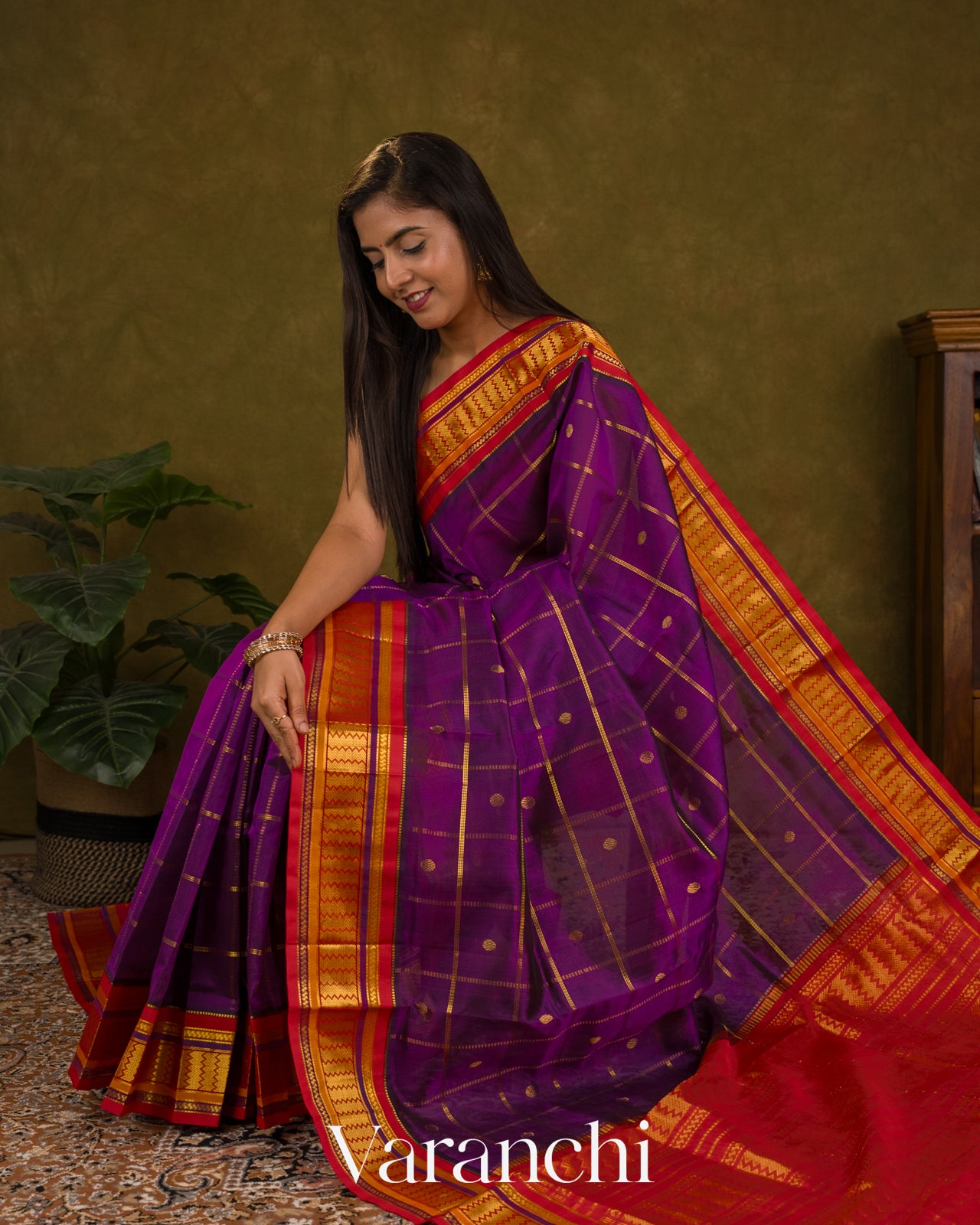 Purple Checks Pure Kanchipuram Silk Cotton Handloom Saree