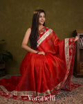 Red Bird Embroidered Pure Kora Silk Saree