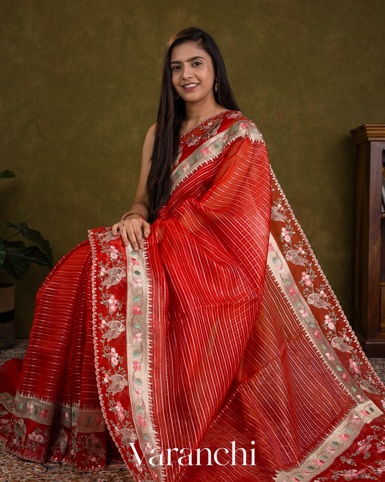 Red Bird Embroidered Pure Kora Silk Saree