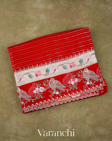 Red Bird Embroidered Pure Kora Silk Saree
