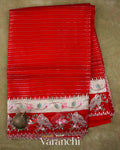 Red Bird Embroidered Pure Kora Silk Saree