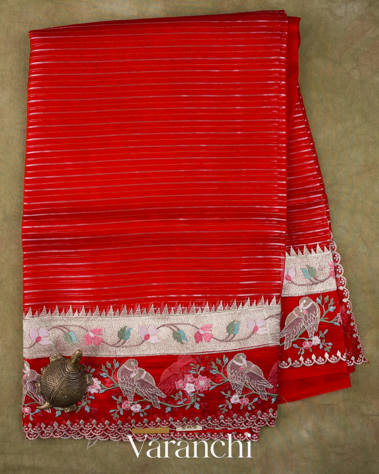 Red Bird Embroidered Pure Kora Silk Saree