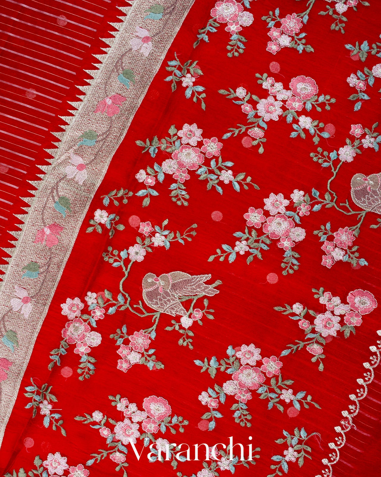 Red Bird Embroidered Pure Kora Silk Saree